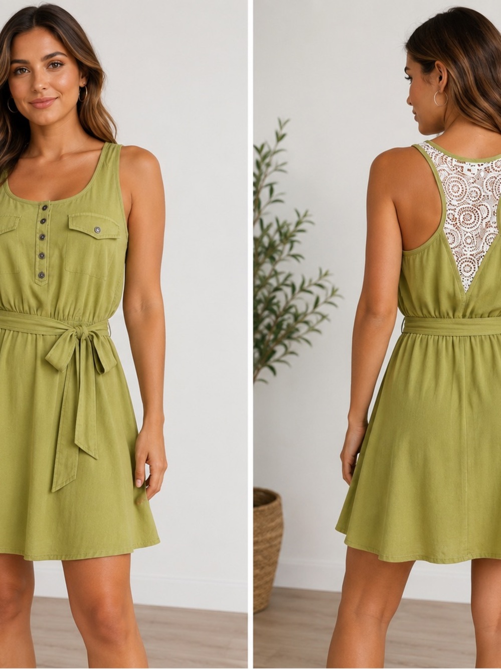 Double Zero Olive Green Lace-Back Tie-Waist Mini Dress